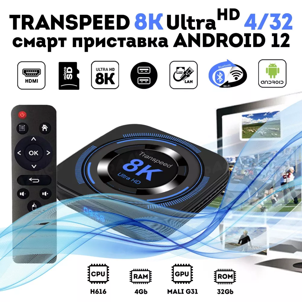 Андроид приставка Transpeed 8k ultra hd 4/32 Гб Android 12 (transpeed 8k/*)